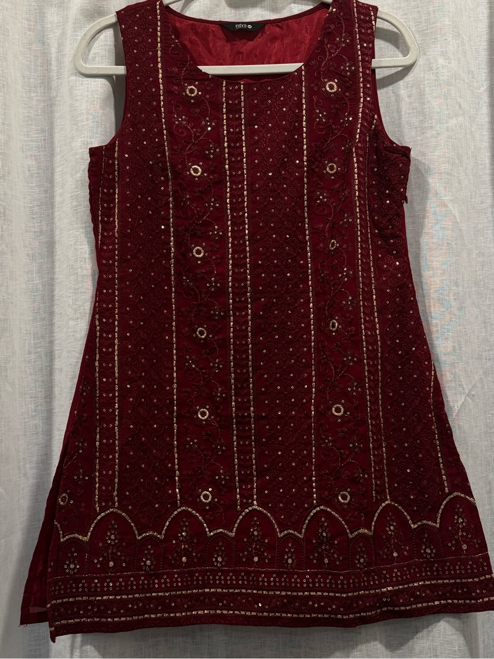 Indya Burgundy Wine Gold Embroidered Sequin Sleeveless Kurta Tunic Medium